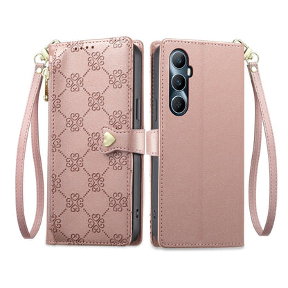 For Realme C65 4G Zipper Wallet Heart Buckle Vegan Leather Phone Case with Wrist Strap(Pink)