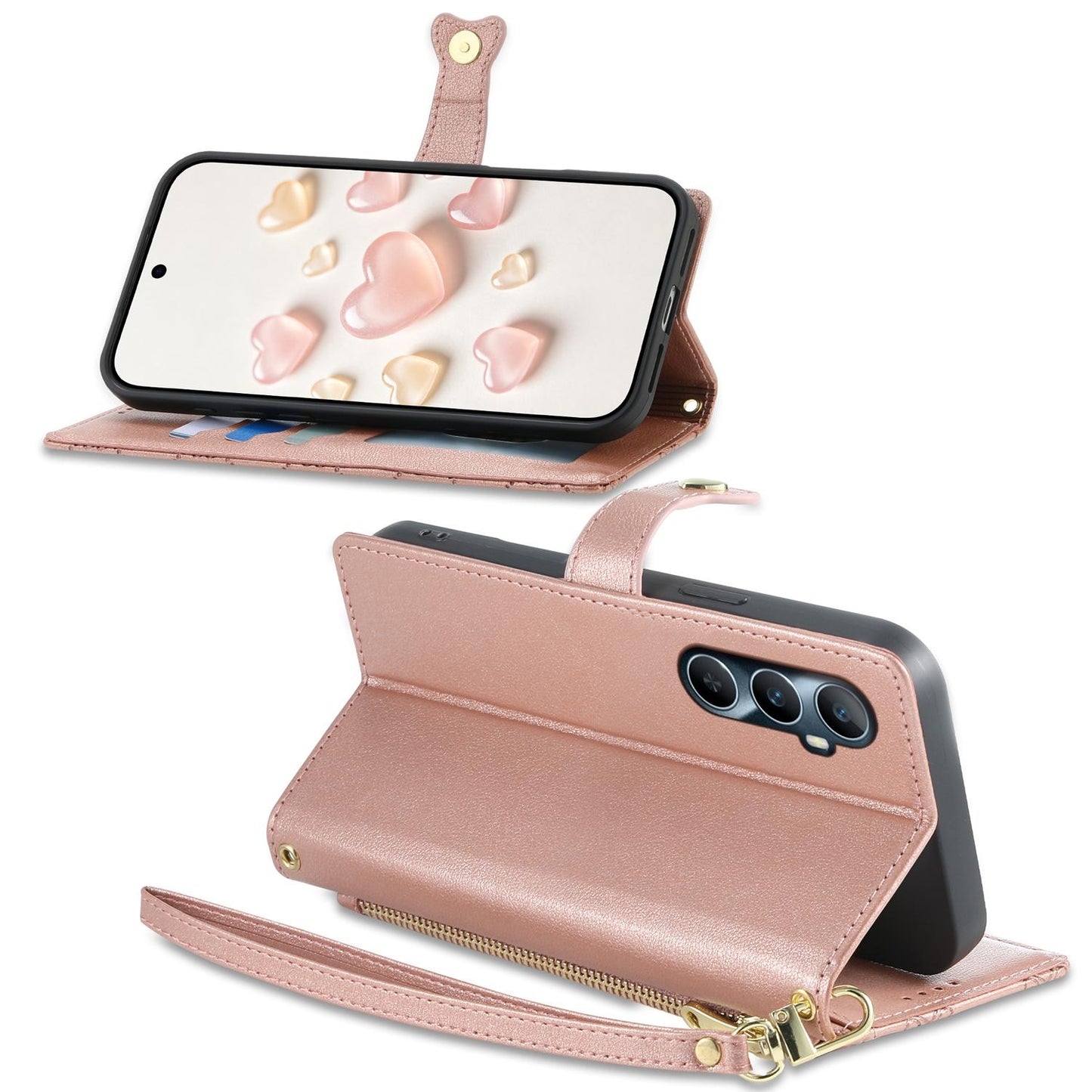 For Realme C65 4G Zipper Wallet Heart Buckle Vegan Leather Phone Case with Wrist Strap(Pink)