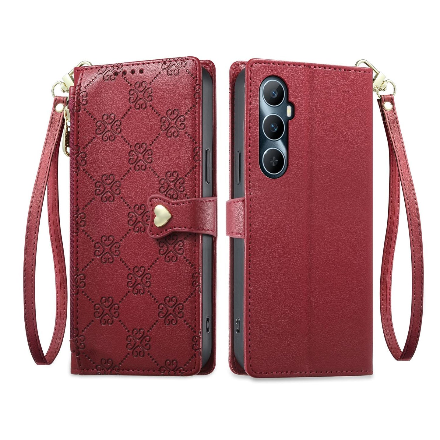 For Realme C65 4G Zipper Wallet Heart Buckle Vegan Leather Phone Case with Wrist Strap(Red)
