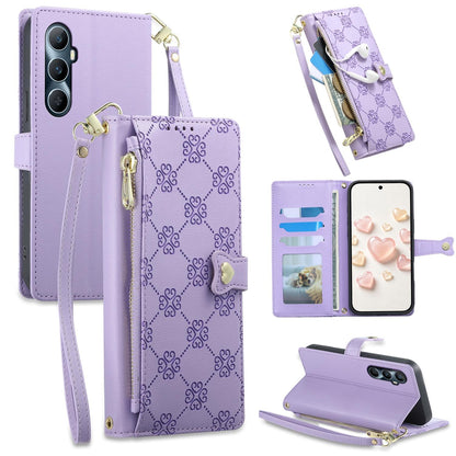 For Realme C65 4G Zipper Wallet Heart Buckle Vegan Leather Phone Case with Wrist Strap(Purple)