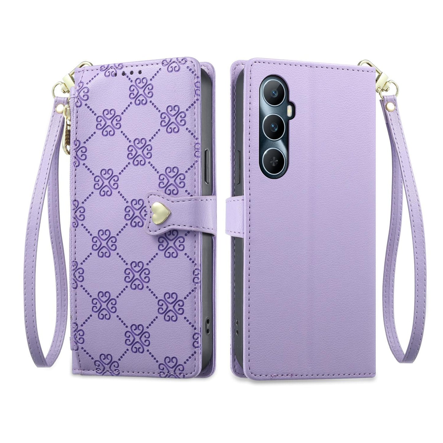 For Realme C65 4G Zipper Wallet Heart Buckle Vegan Leather Phone Case with Wrist Strap(Purple)