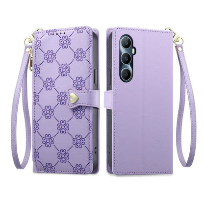 For Realme C65 4G Zipper Wallet Heart Buckle Vegan Leather Phone Case with Wrist Strap(Purple)