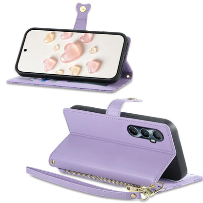 For Realme C65 4G Zipper Wallet Heart Buckle Vegan Leather Phone Case with Wrist Strap(Purple)