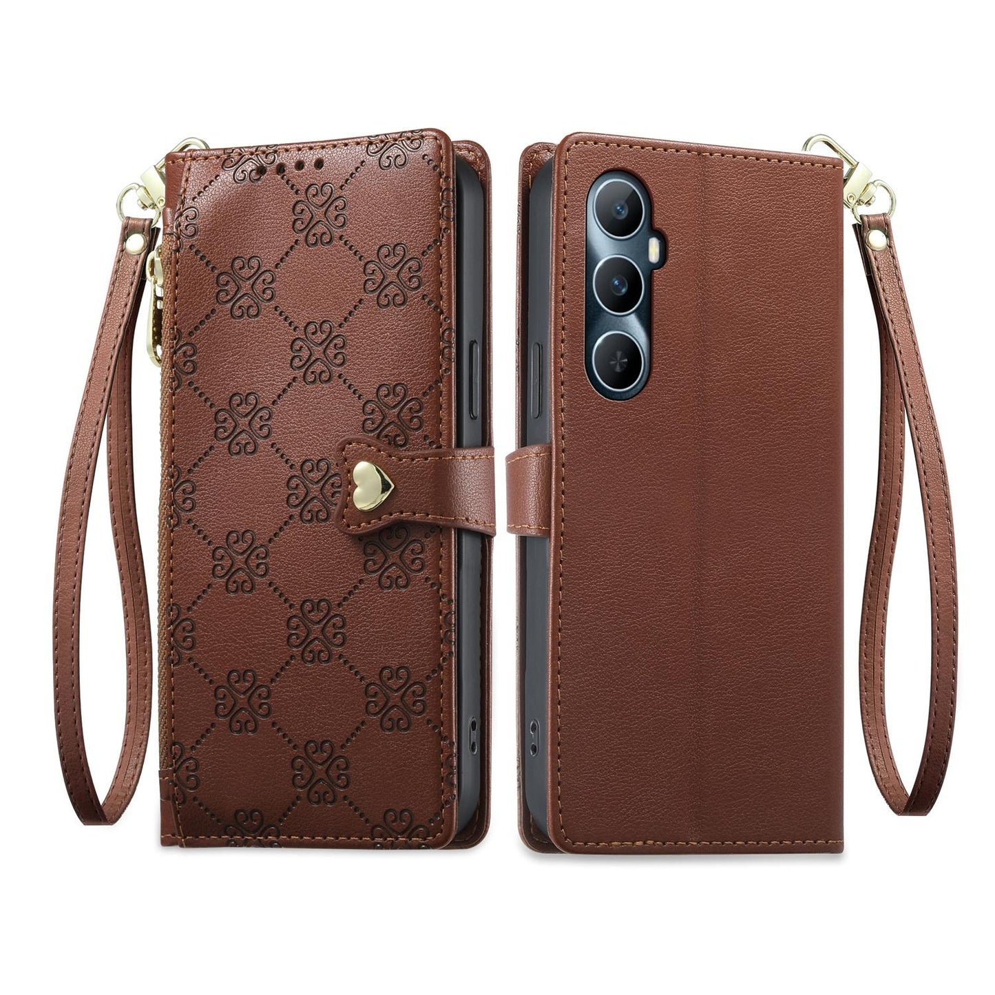 For Realme C65 4G Zipper Wallet Heart Buckle Vegan Leather Phone Case with Wrist Strap(Brown)