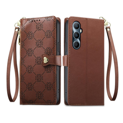 For Realme C65 4G Zipper Wallet Heart Buckle Vegan Leather Phone Case with Wrist Strap(Brown)
