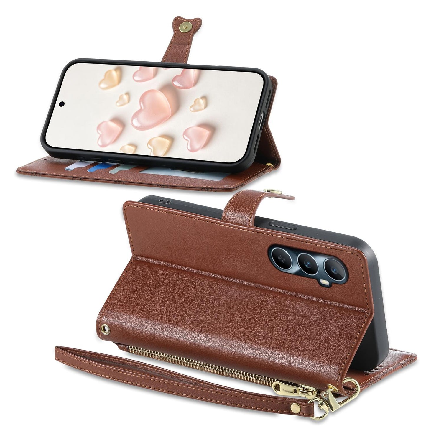 For Realme C65 4G Zipper Wallet Heart Buckle Vegan Leather Phone Case with Wrist Strap(Brown)