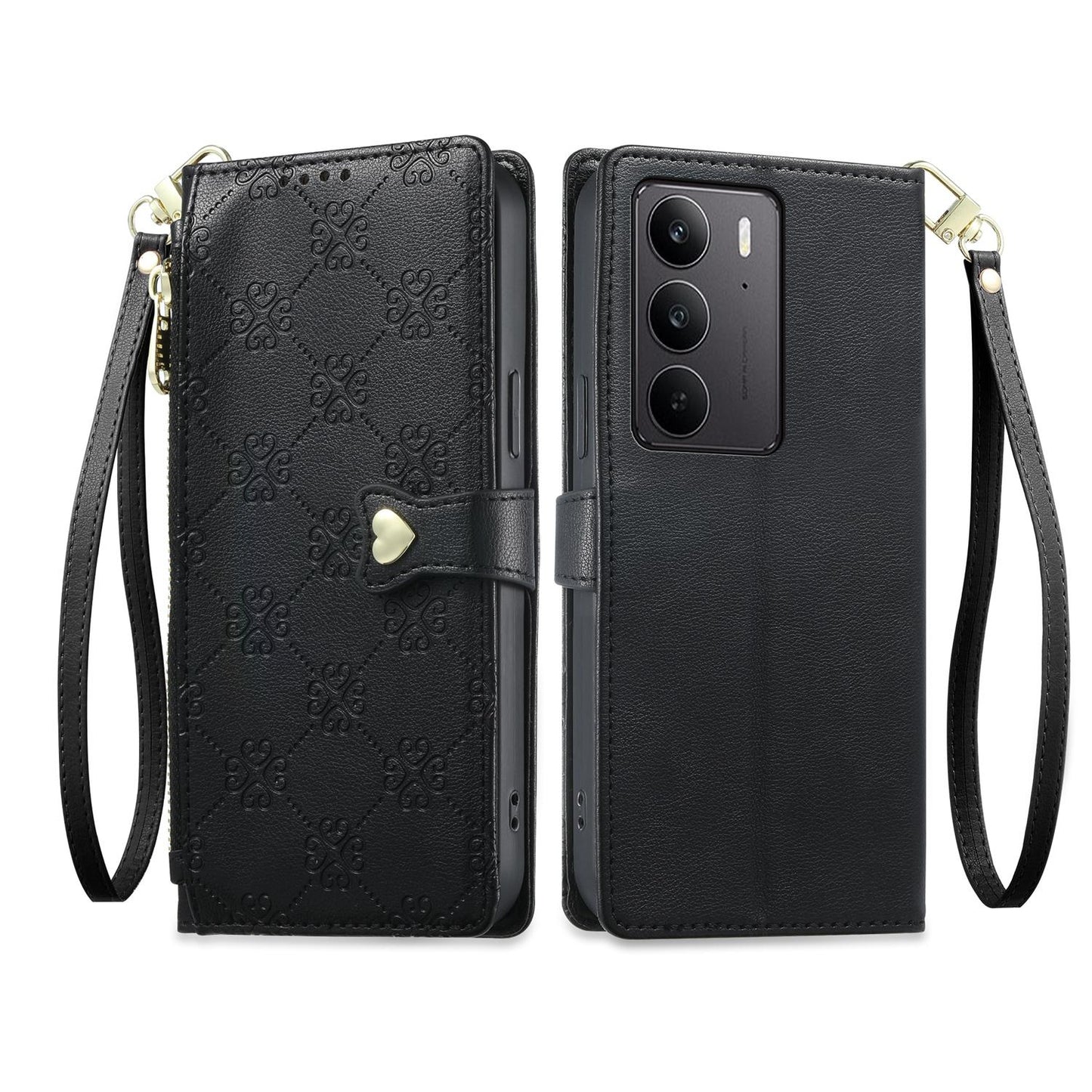 For Realme C75 4G / Realme 14x 5G Zipper Wallet Heart Buckle Vegan Leather Phone Case with Wrist Strap(Black)