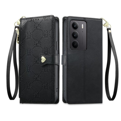 For Realme C75 4G / Realme 14x 5G Zipper Wallet Heart Buckle Vegan Leather Phone Case with Wrist Strap(Black)