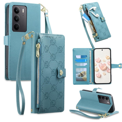 For Realme C75 4G / Realme 14x 5G Zipper Wallet Heart Buckle Vegan Leather Phone Case with Wrist Strap(Lake Blue)