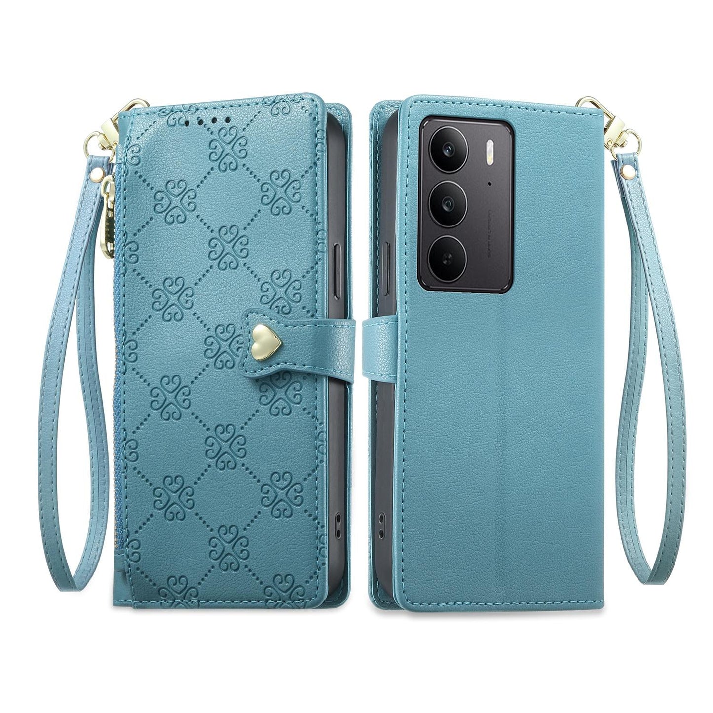 For Realme C75 4G / Realme 14x 5G Zipper Wallet Heart Buckle Vegan Leather Phone Case with Wrist Strap(Lake Blue)