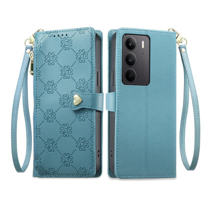 For Realme C75 4G / Realme 14x 5G Zipper Wallet Heart Buckle Vegan Leather Phone Case with Wrist Strap(Lake Blue)