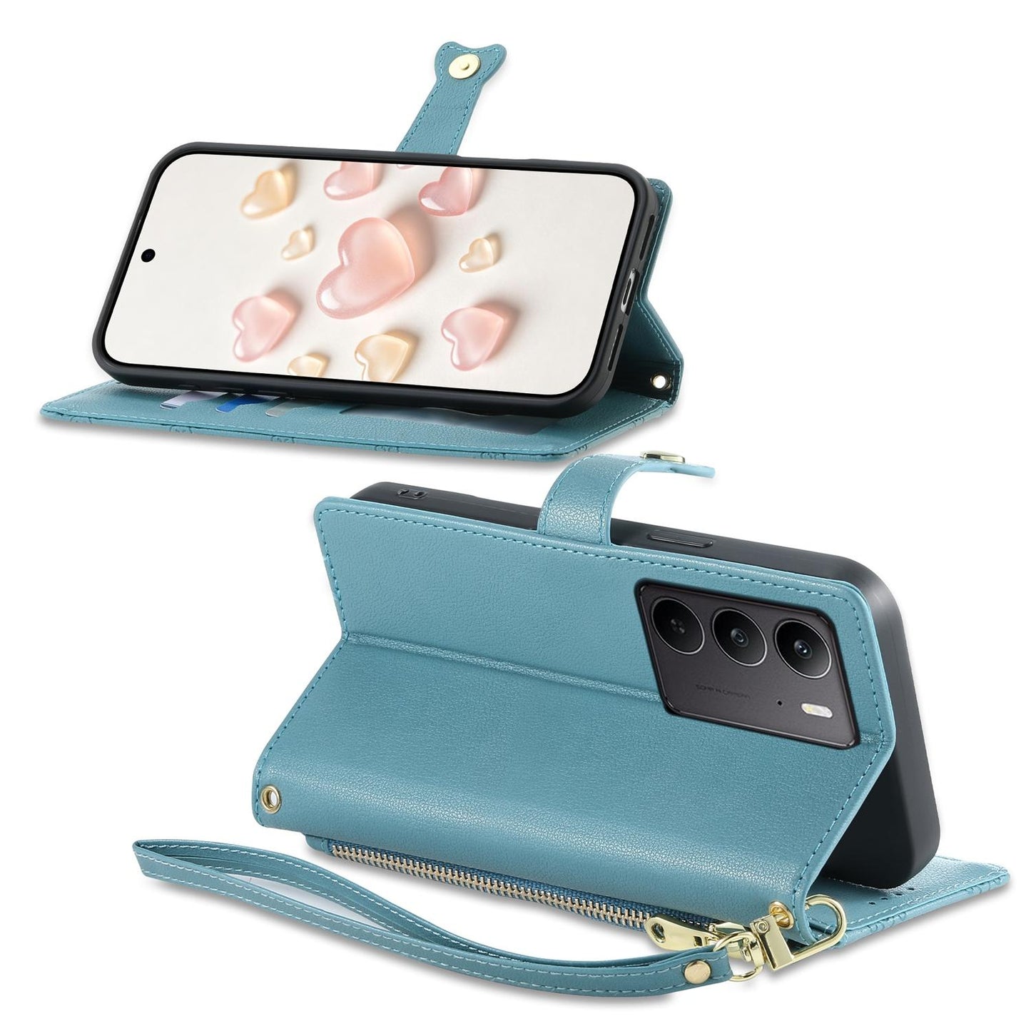 For Realme C75 4G / Realme 14x 5G Zipper Wallet Heart Buckle Vegan Leather Phone Case with Wrist Strap(Lake Blue)