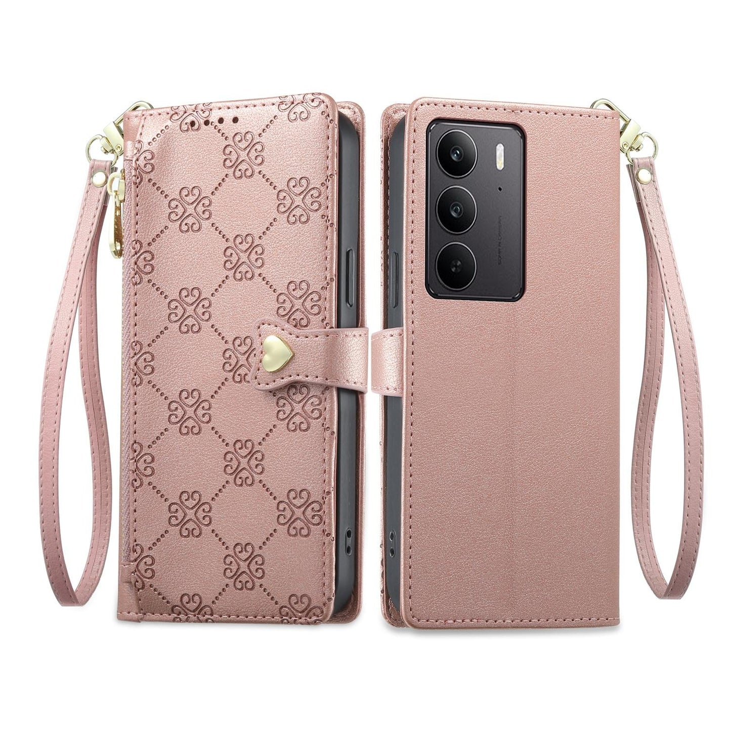 For Realme C75 4G / Realme 14x 5G Zipper Wallet Heart Buckle Vegan Leather Phone Case with Wrist Strap(Pink)