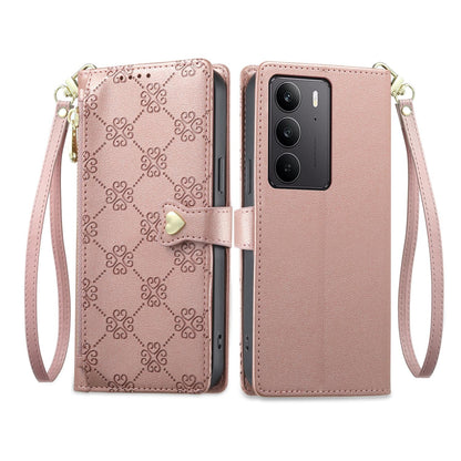 For Realme C75 4G / Realme 14x 5G Zipper Wallet Heart Buckle Vegan Leather Phone Case with Wrist Strap(Pink)