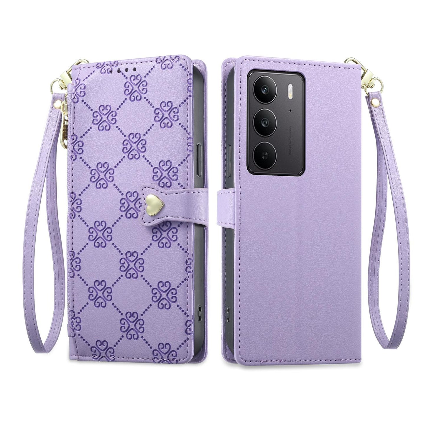 For Realme C75 4G / Realme 14x 5G Zipper Wallet Heart Buckle Vegan Leather Phone Case with Wrist Strap(Purple)