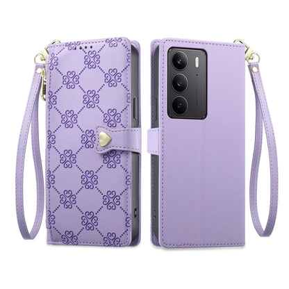 For Realme C75 4G / Realme 14x 5G Zipper Wallet Heart Buckle Vegan Leather Phone Case with Wrist Strap(Purple)
