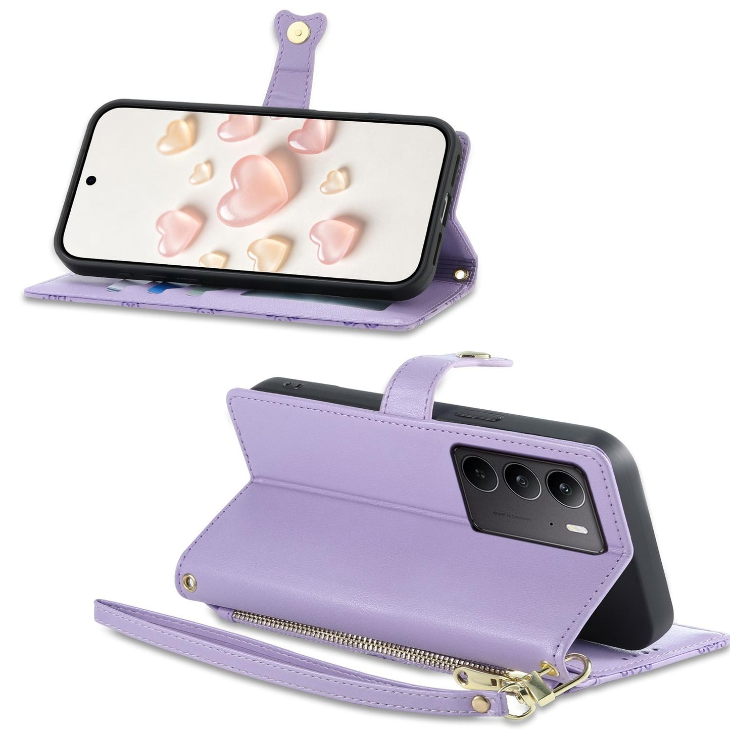 For Realme C75 4G / Realme 14x 5G Zipper Wallet Heart Buckle Vegan Leather Phone Case with Wrist Strap(Purple)