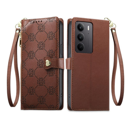 For Realme C75 4G / Realme 14x 5G Zipper Wallet Heart Buckle Vegan Leather Phone Case with Wrist Strap(Brown)
