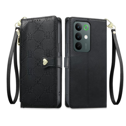 For Realme C85 5G / C83 5G / C100 5G Zipper Wallet Heart Buckle Vegan Leather Phone Case with Wrist Strap(Black)