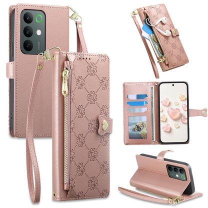 For Realme C85 5G / C83 5G / C100 5G Zipper Wallet Heart Buckle Vegan Leather Phone Case with Wrist Strap(Pink)