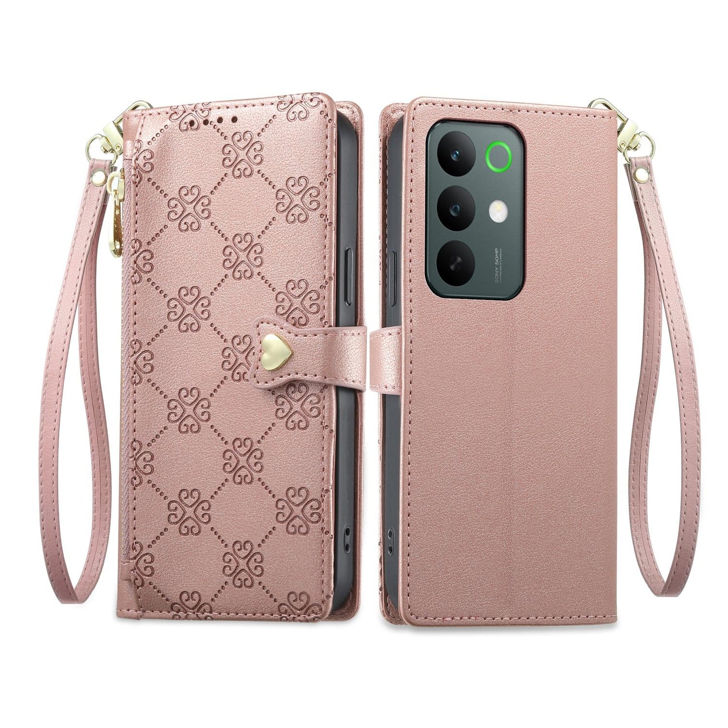 For Realme C85 5G / C83 5G / C100 5G Zipper Wallet Heart Buckle Vegan Leather Phone Case with Wrist Strap(Pink)