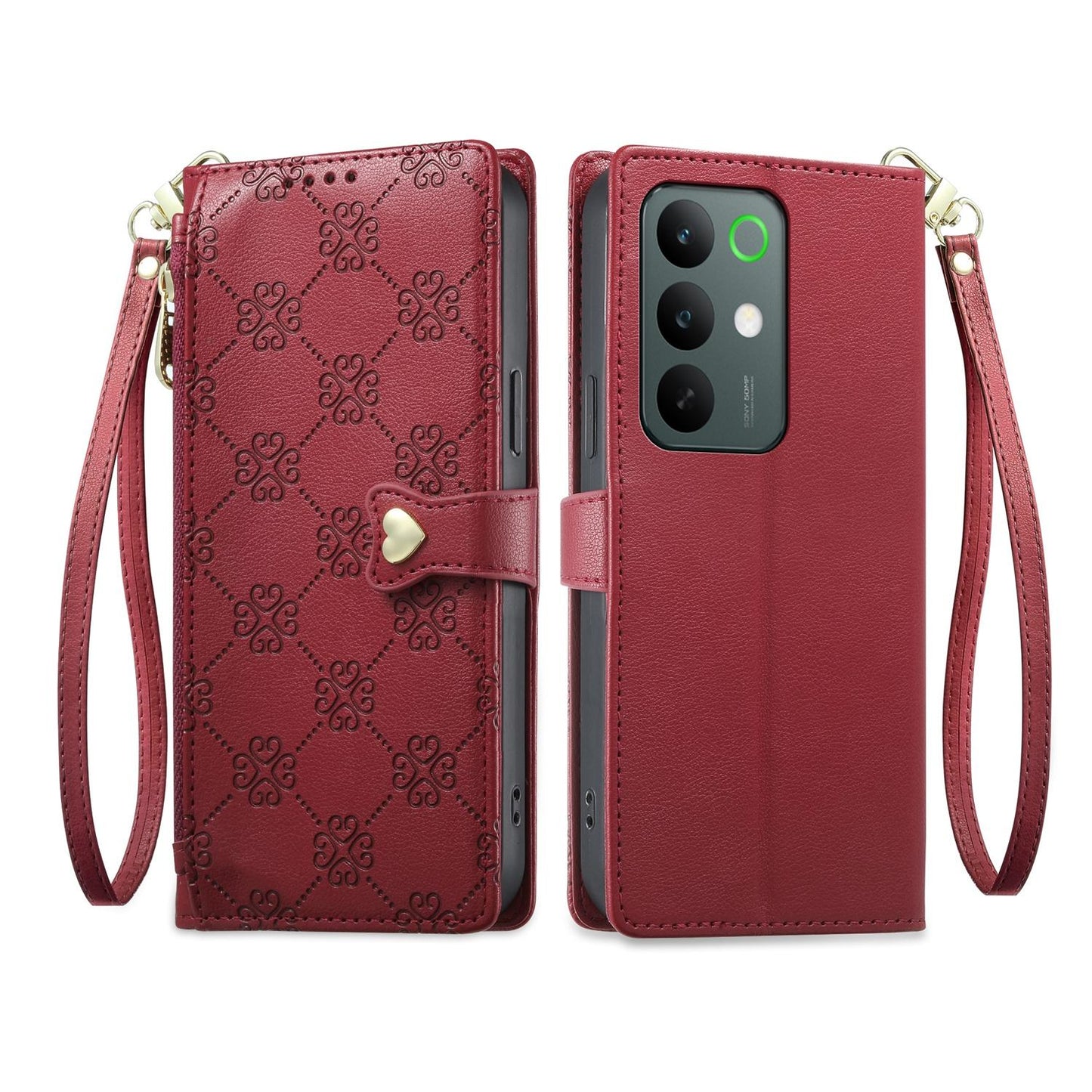 For Realme C85 5G / C83 5G / C100 5G Zipper Wallet Heart Buckle Vegan Leather Phone Case with Wrist Strap(Red)