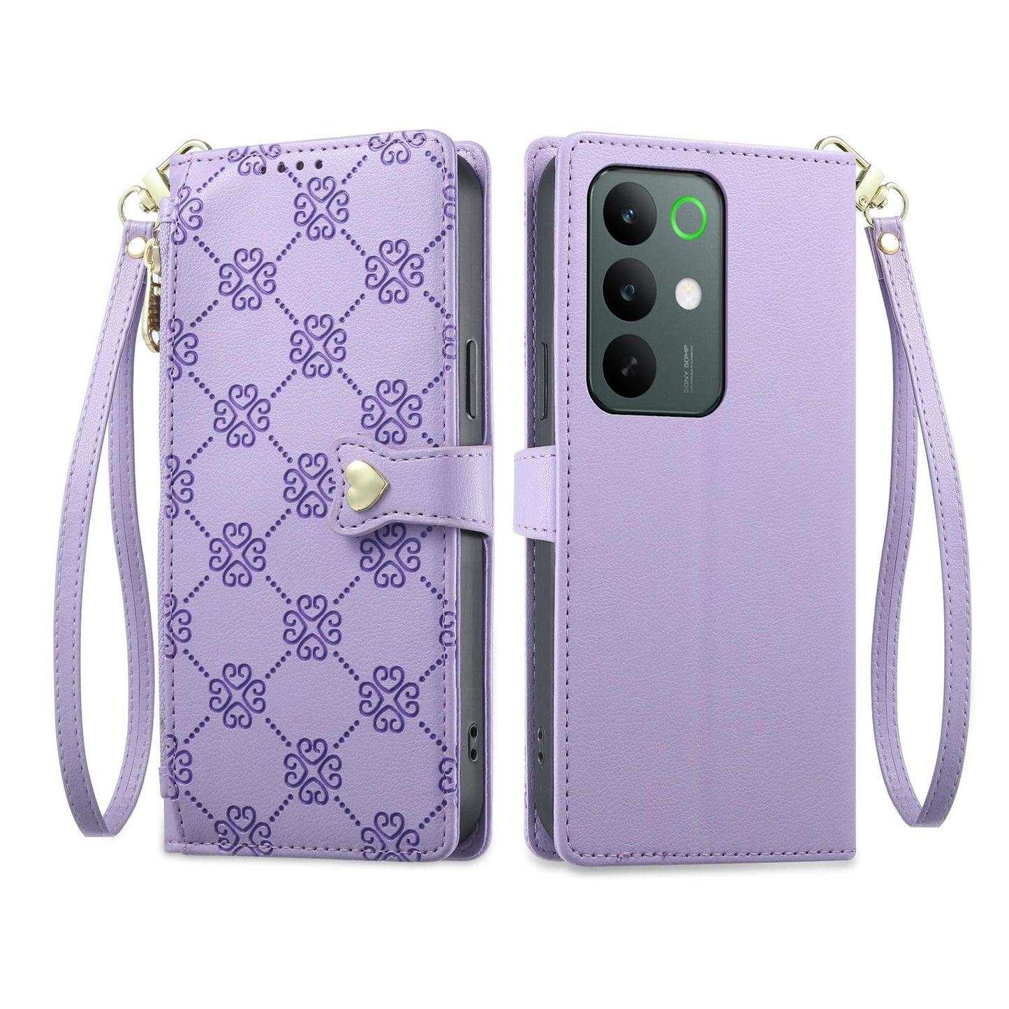 For Realme C85 5G / C83 5G / C100 5G Zipper Wallet Heart Buckle Vegan Leather Phone Case with Wrist Strap(Purple)