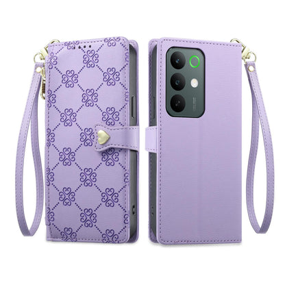 For Realme C85 5G / C83 5G / C100 5G Zipper Wallet Heart Buckle Vegan Leather Phone Case with Wrist Strap(Purple)