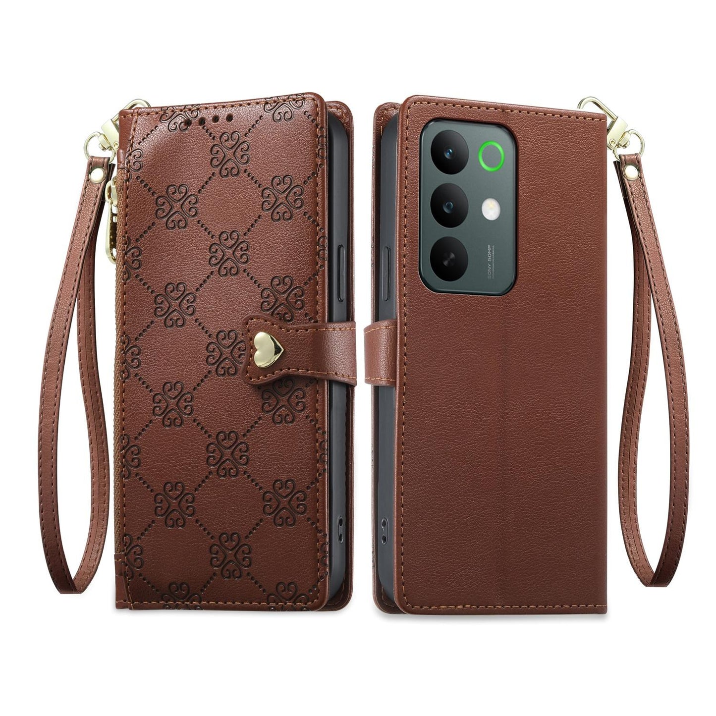 For Realme C85 5G / C83 5G / C100 5G Zipper Wallet Heart Buckle Vegan Leather Phone Case with Wrist Strap(Brown)