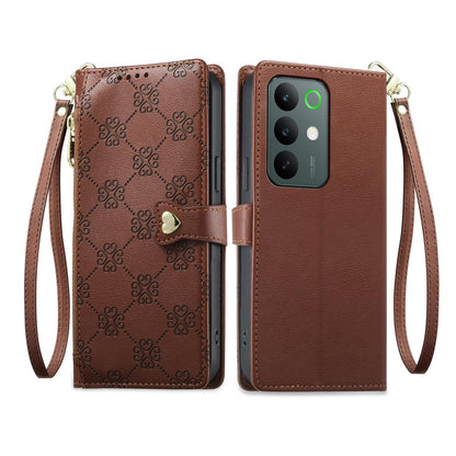 For Realme C85 5G / C83 5G / C100 5G Zipper Wallet Heart Buckle Vegan Leather Phone Case with Wrist Strap(Brown)