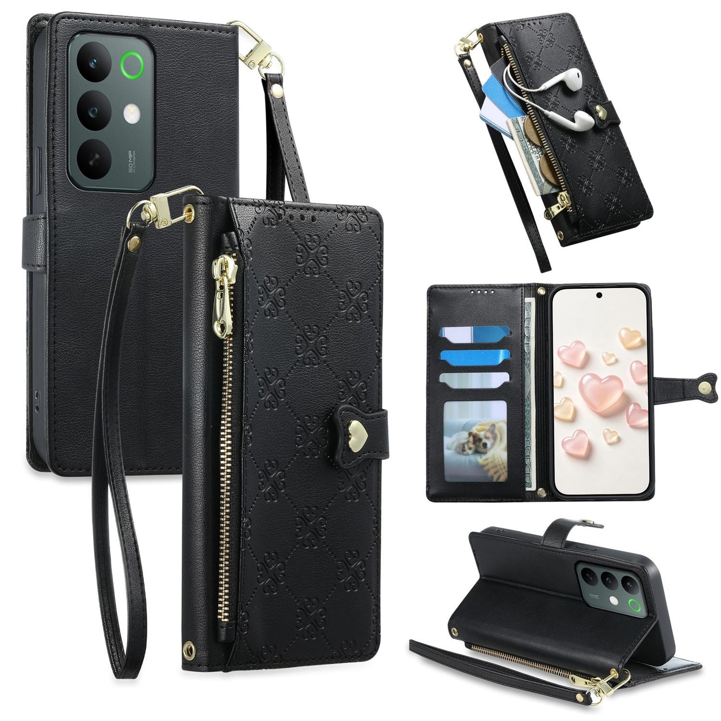 For Realme C85 Pro 4G Zipper Wallet Heart Buckle Vegan Leather Phone Case with Wrist Strap(Black)