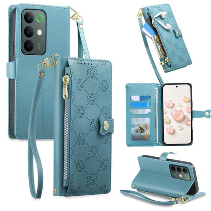 For Realme C85 Pro 4G Zipper Wallet Heart Buckle Vegan Leather Phone Case with Wrist Strap(Lake Blue)