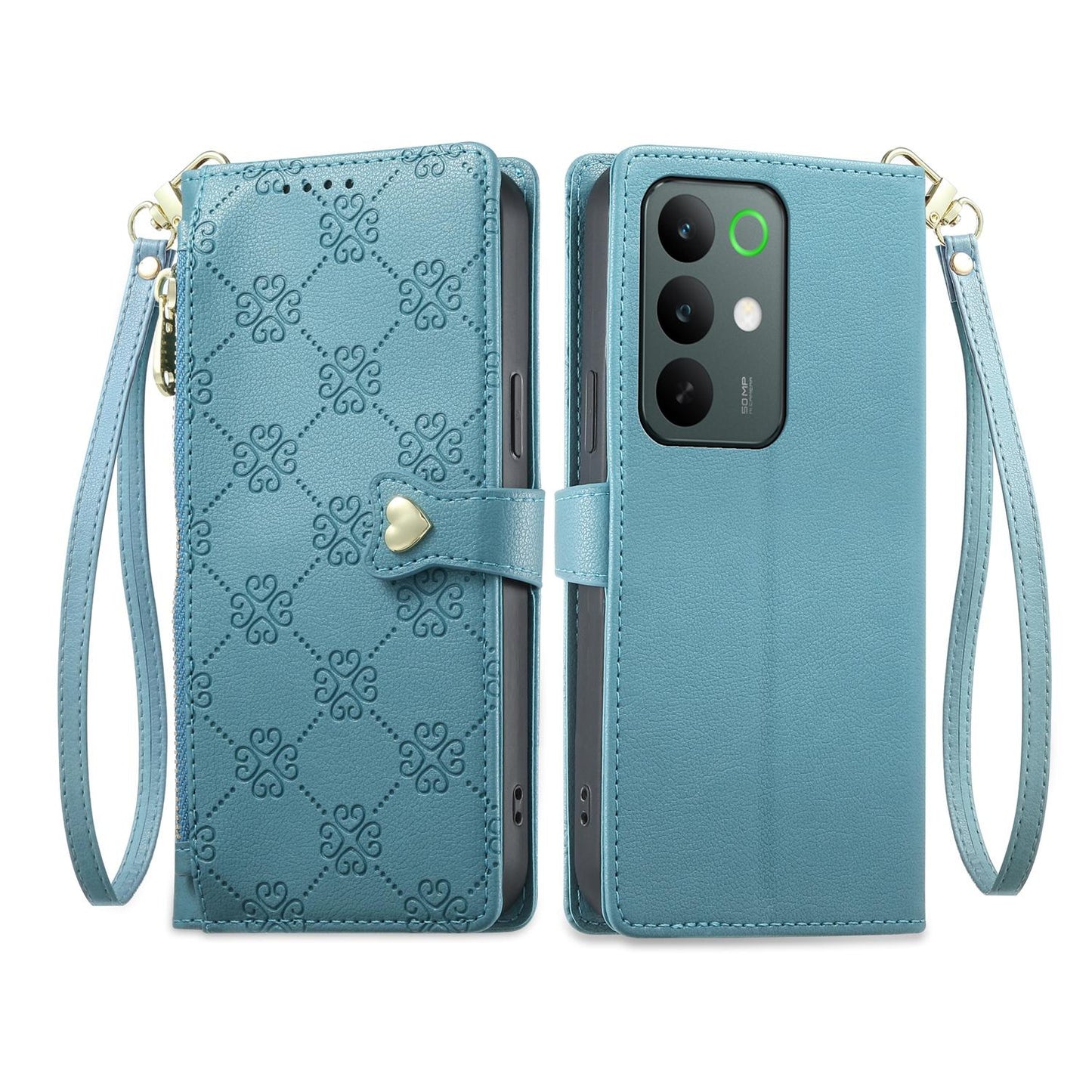 For Realme C85 Pro 4G Zipper Wallet Heart Buckle Vegan Leather Phone Case with Wrist Strap(Lake Blue)