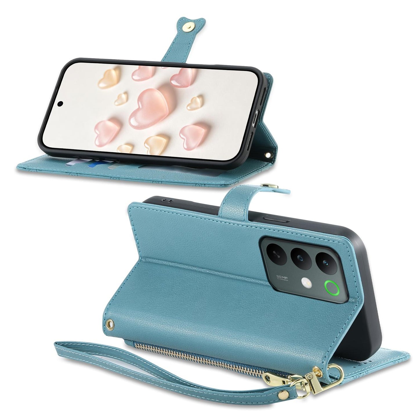 For Realme C85 Pro 4G Zipper Wallet Heart Buckle Vegan Leather Phone Case with Wrist Strap(Lake Blue)