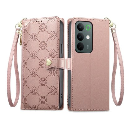 For Realme C85 Pro 4G Zipper Wallet Heart Buckle Vegan Leather Phone Case with Wrist Strap(Pink)