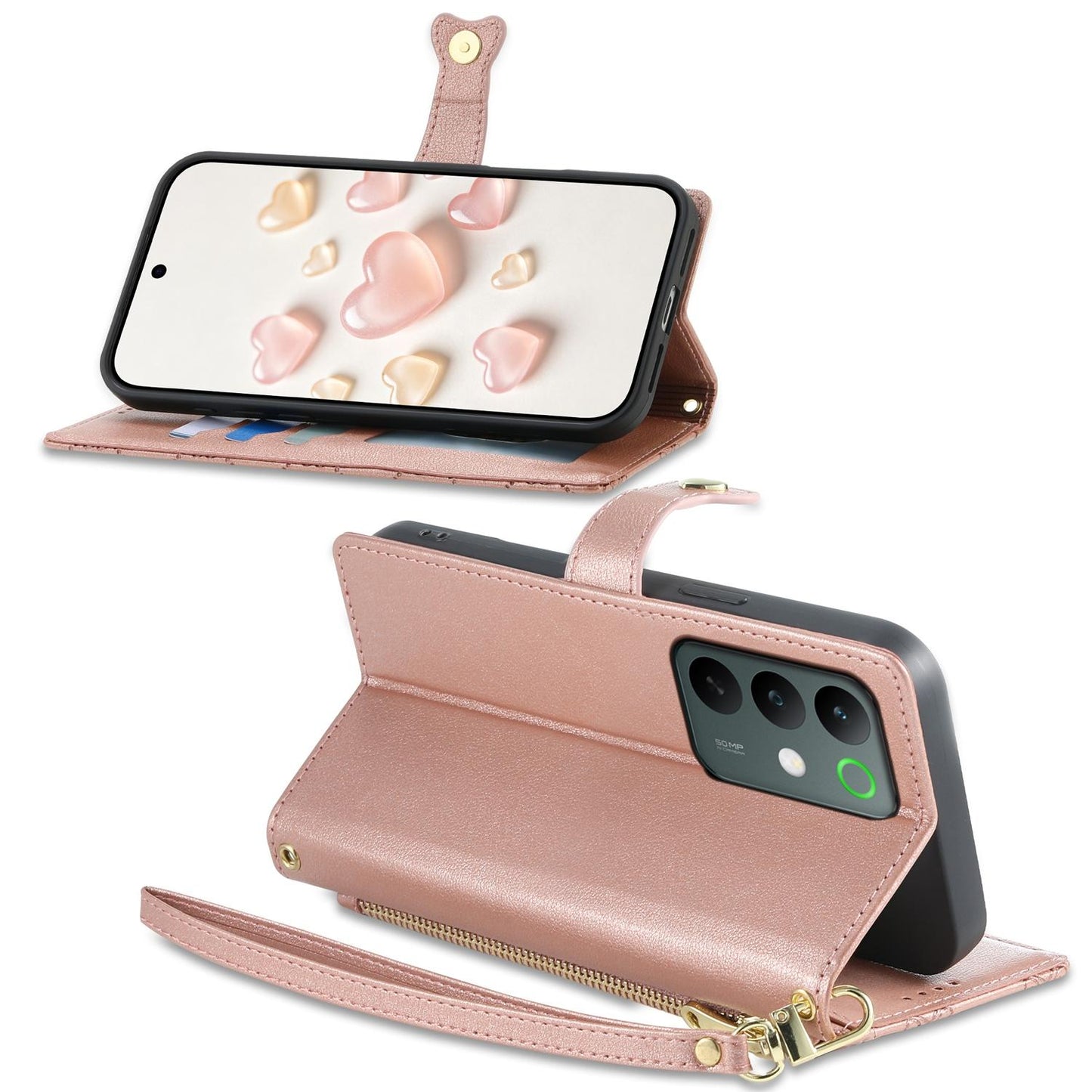 For Realme C85 Pro 4G Zipper Wallet Heart Buckle Vegan Leather Phone Case with Wrist Strap(Pink)