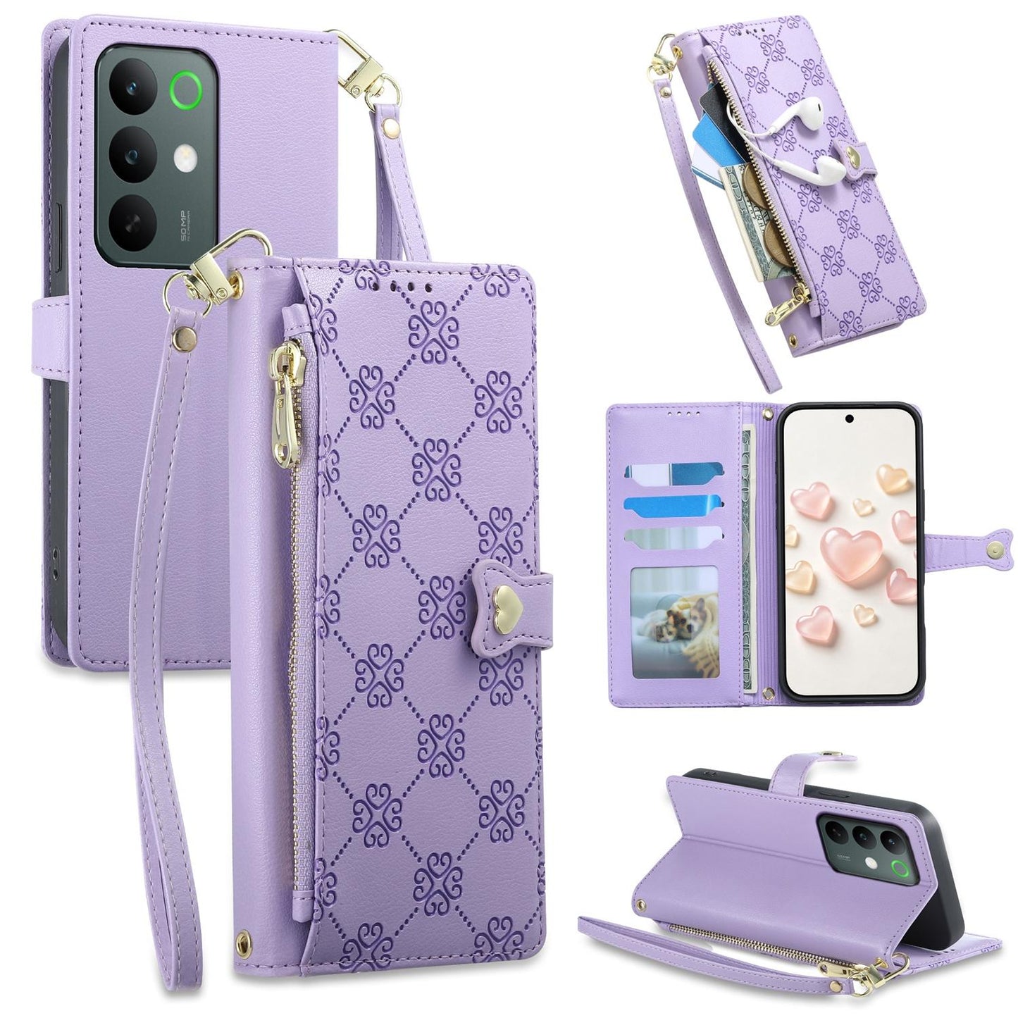 For Realme C85 Pro 4G Zipper Wallet Heart Buckle Vegan Leather Phone Case with Wrist Strap(Purple)