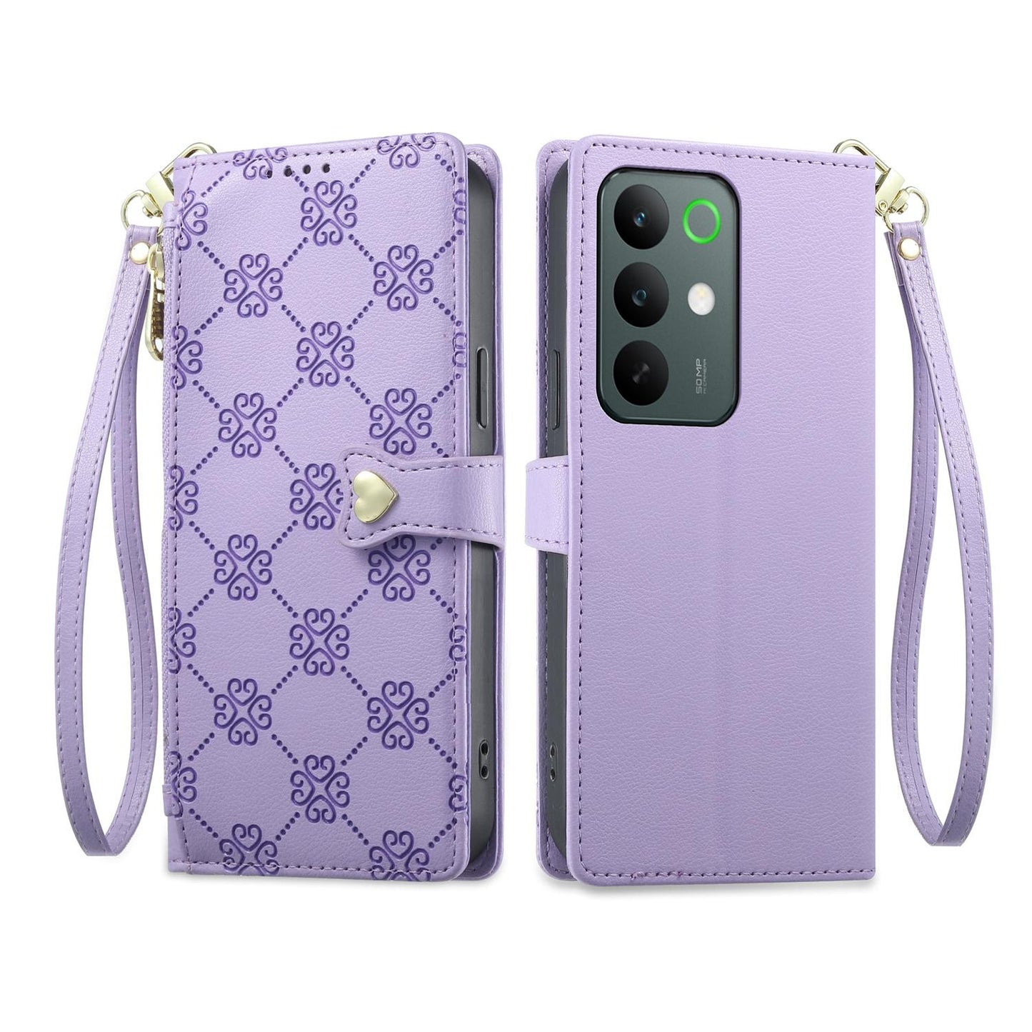 For Realme C85 Pro 4G Zipper Wallet Heart Buckle Vegan Leather Phone Case with Wrist Strap(Purple)