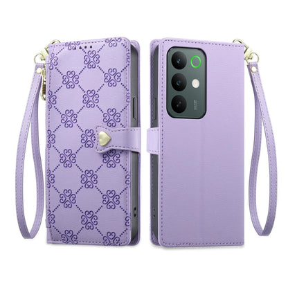 For Realme C85 Pro 4G Zipper Wallet Heart Buckle Vegan Leather Phone Case with Wrist Strap(Purple)