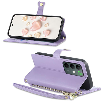 For Realme C85 Pro 4G Zipper Wallet Heart Buckle Vegan Leather Phone Case with Wrist Strap(Purple)
