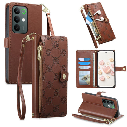 For Realme C85 Pro 4G Zipper Wallet Heart Buckle Vegan Leather Phone Case with Wrist Strap(Brown)