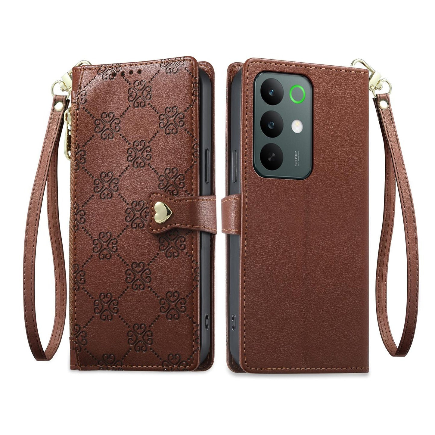For Realme C85 Pro 4G Zipper Wallet Heart Buckle Vegan Leather Phone Case with Wrist Strap(Brown)