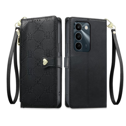 For Realme C100 4G / C100i 4G / C100x 4G Zipper Wallet Heart Buckle Vegan Leather Phone Case with Wrist Strap(Black)