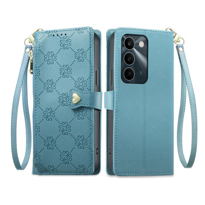 For Realme C100 4G / C100i 4G / C100x 4G Zipper Wallet Heart Buckle Vegan Leather Phone Case with Wrist Strap(Lake Blue)