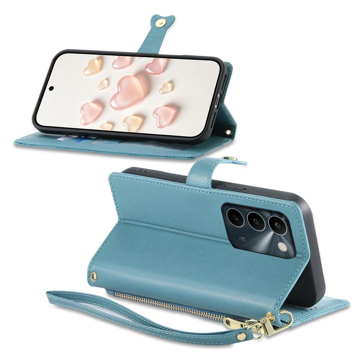 For Realme C100 4G / C100i 4G / C100x 4G Zipper Wallet Heart Buckle Vegan Leather Phone Case with Wrist Strap(Lake Blue)