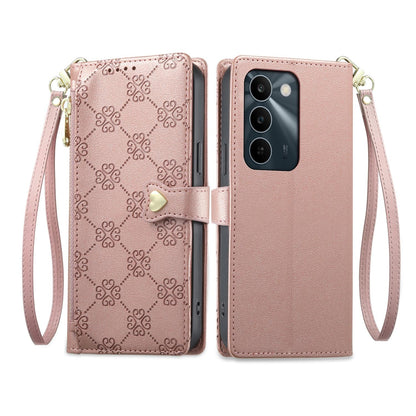 For Realme C100 4G / C100i 4G / C100x 4G Zipper Wallet Heart Buckle Vegan Leather Phone Case with Wrist Strap(Pink)