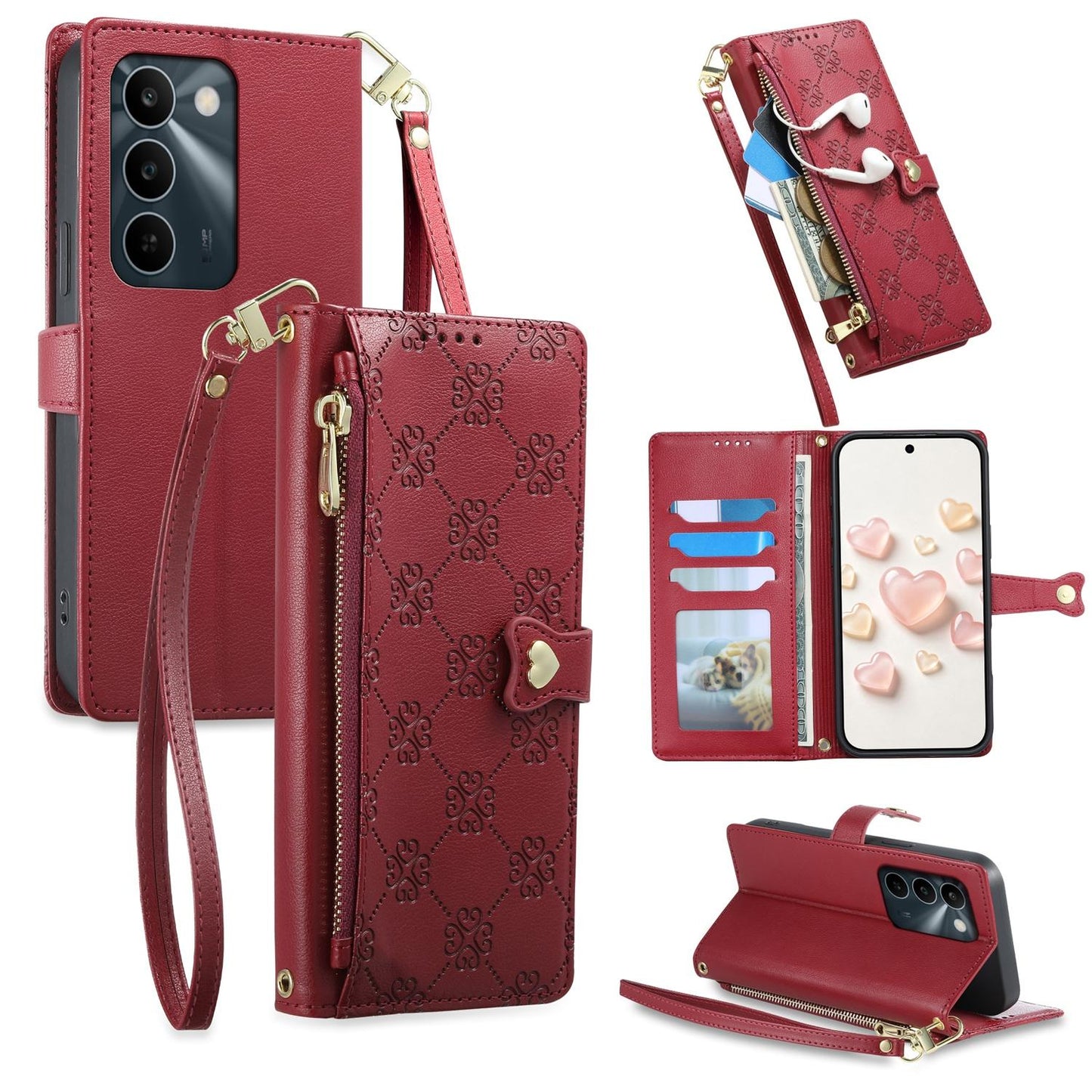 For Realme C100 4G / C100i 4G / C100x 4G Zipper Wallet Heart Buckle Vegan Leather Phone Case with Wrist Strap(Red)