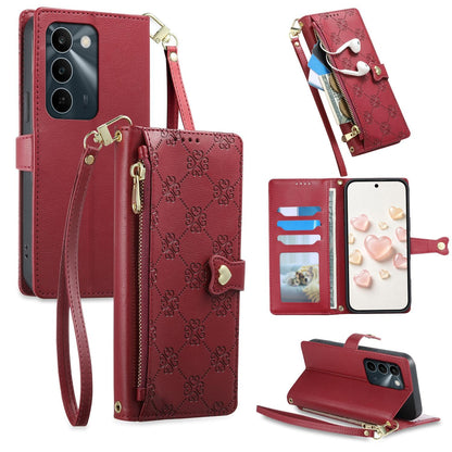 For Realme C100 4G / C100i 4G / C100x 4G Zipper Wallet Heart Buckle Vegan Leather Phone Case with Wrist Strap(Red)