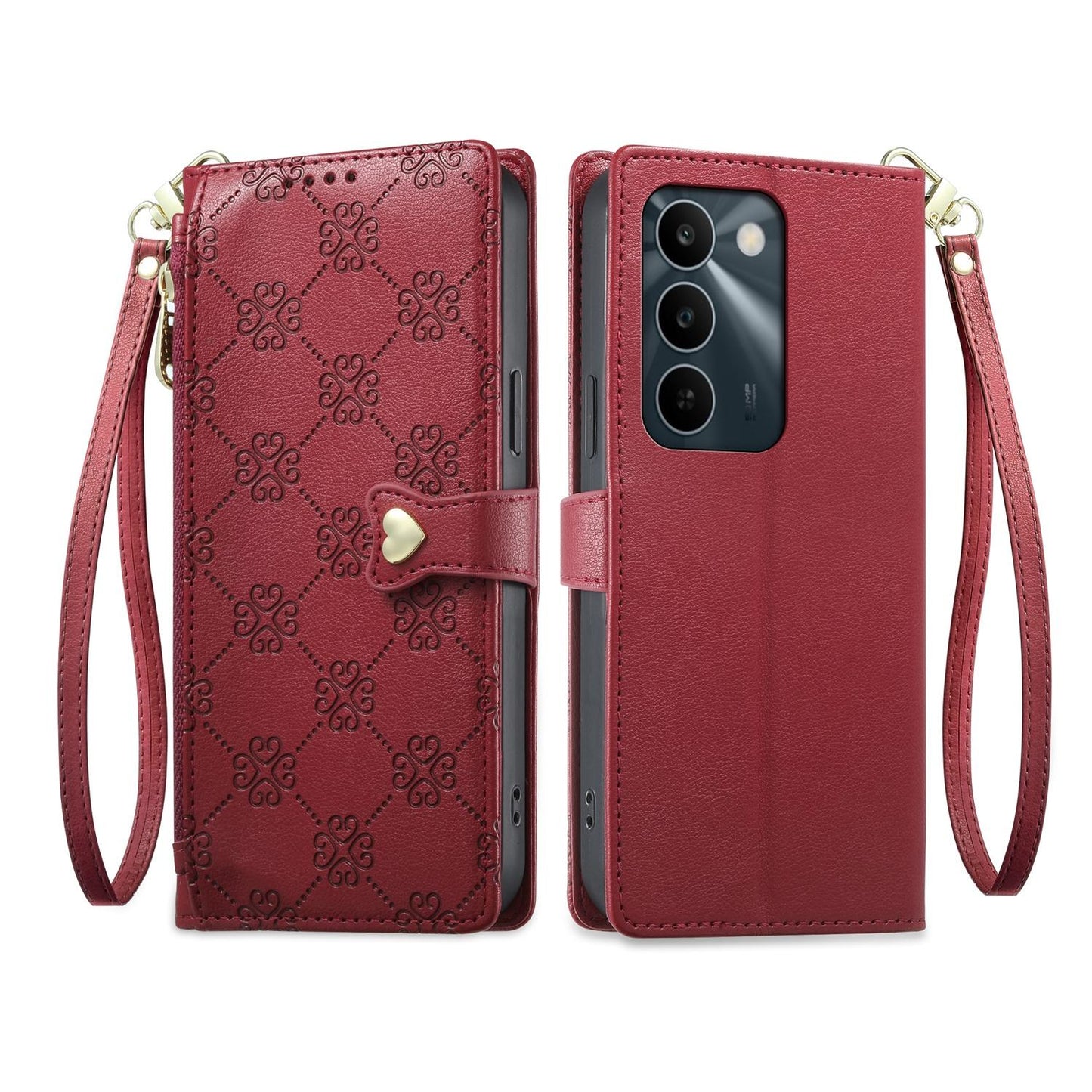 For Realme C100 4G / C100i 4G / C100x 4G Zipper Wallet Heart Buckle Vegan Leather Phone Case with Wrist Strap(Red)