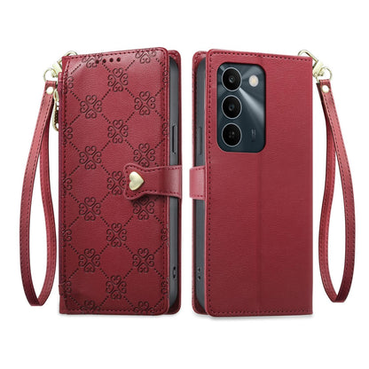 For Realme C100 4G / C100i 4G / C100x 4G Zipper Wallet Heart Buckle Vegan Leather Phone Case with Wrist Strap(Red)
